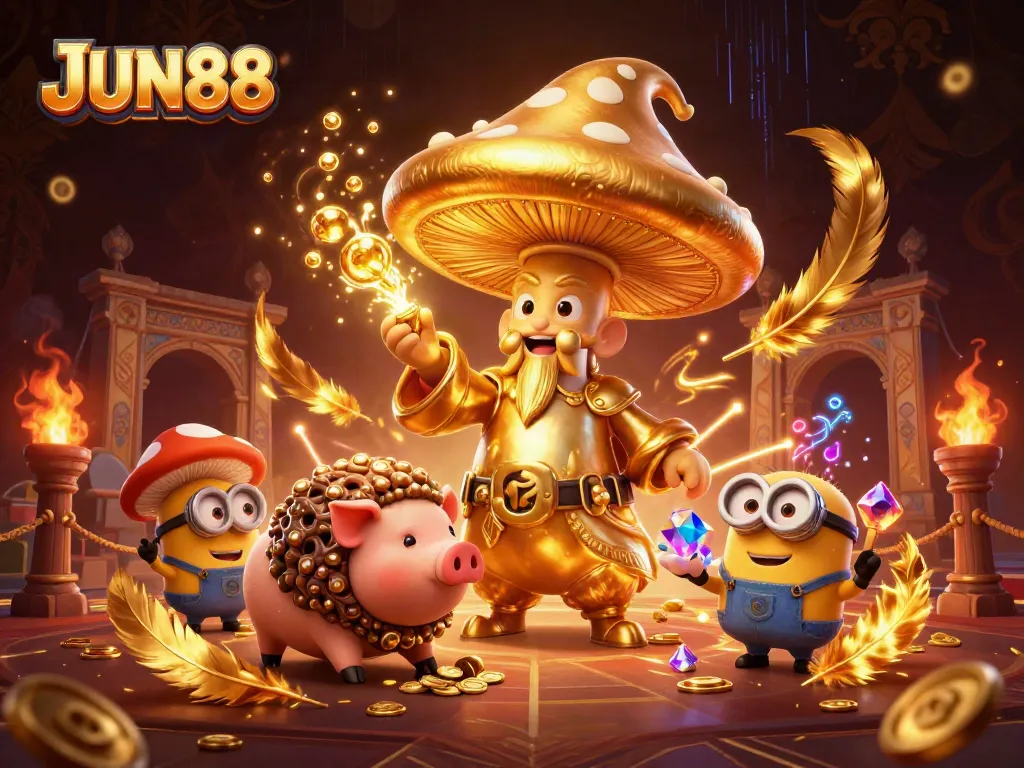 Engage in thrilling gameplay at JUN88 with a magical scene featuring a golden wizard and treasure hunter.