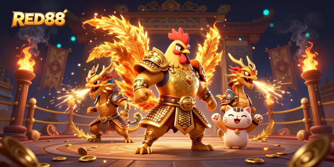 Experience the thrill at RED88 with a powerful rooster warrior and dragon amidst a vibrant casino scene.