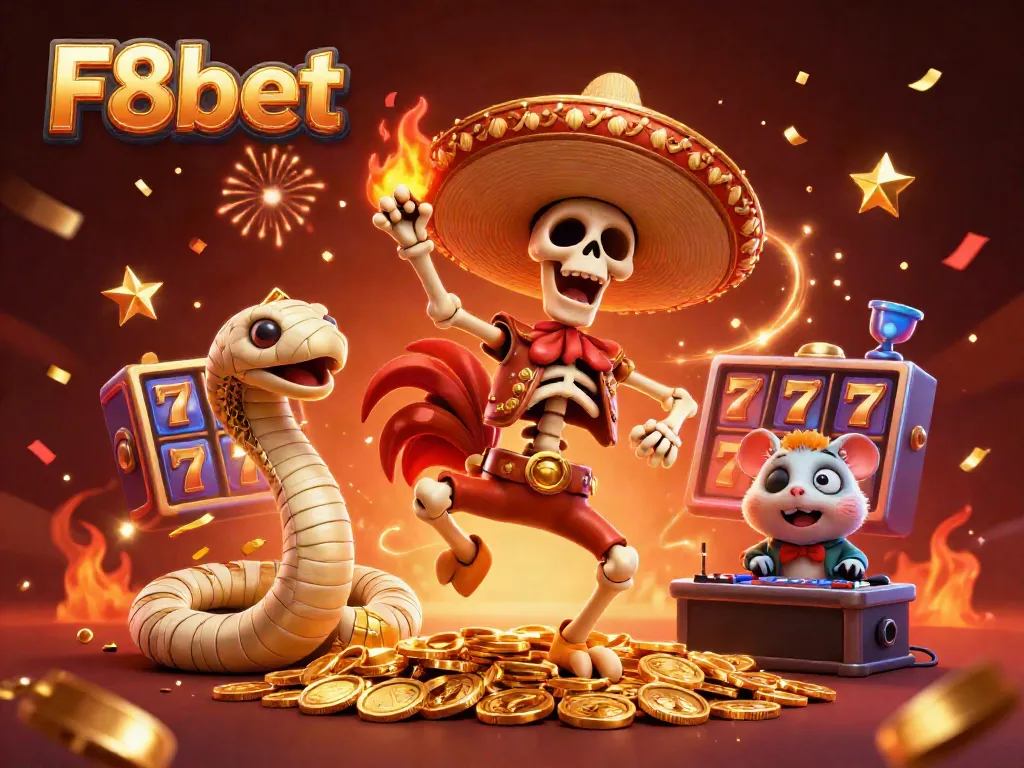 Celebrate big wins at F8bet with a lively 3D scene featuring a dancing rooster and casino elements.