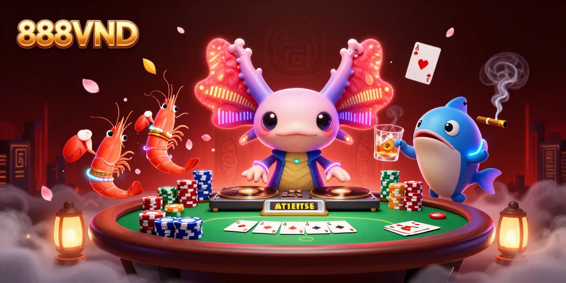 Engage with 888VND through a vibrant underwater casino scene featuring a neon axolotl DJ and dynamic gameplay elements.