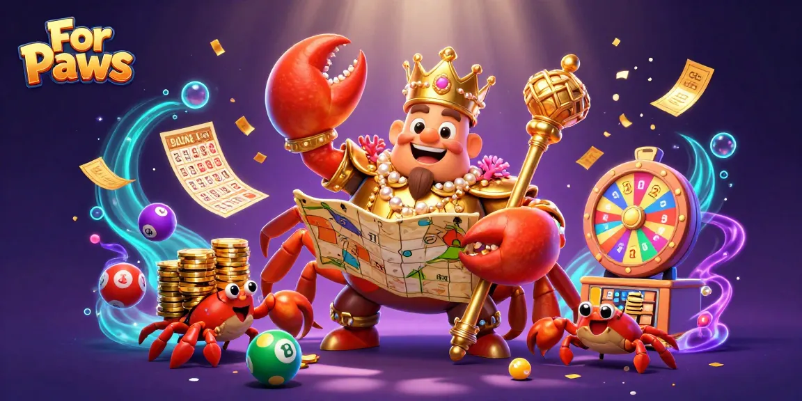 For Paws celebrates wins with a golden crab emperor, colorful lottery balls, and vibrant gaming elements.