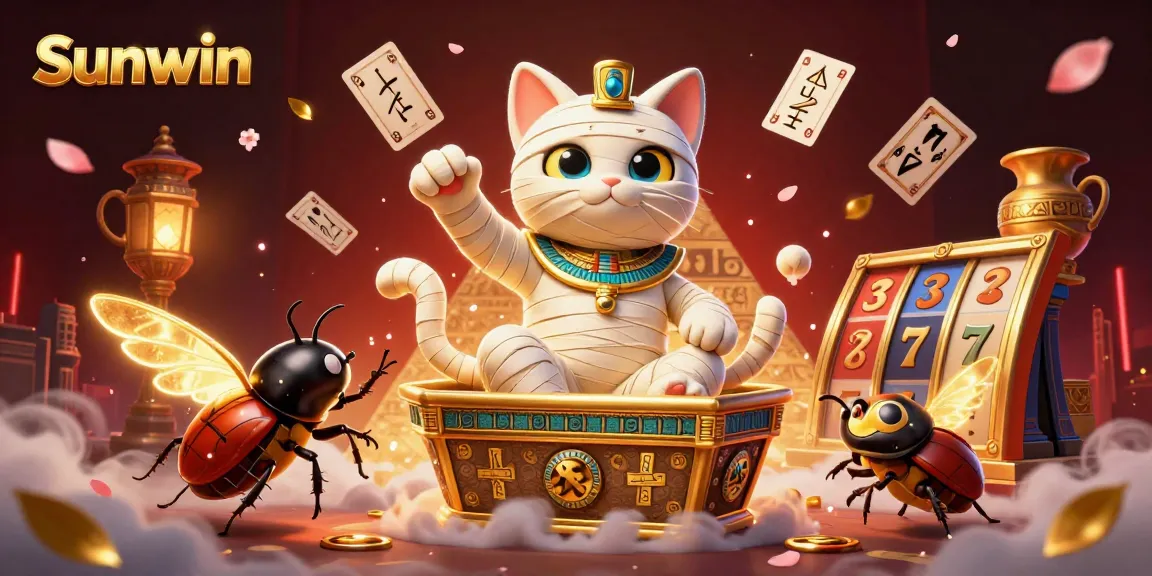 Experience the thrilling excitement of Sunwin with a vibrant 3D scene showcasing an Egyptian mummy cat, adding energy to your game play.
