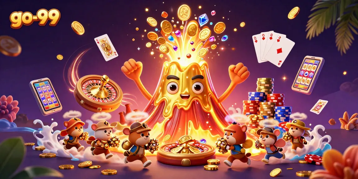 Join the excitement at go-99 as treasures rain down from the golden volcano amidst a vibrant casino scene.