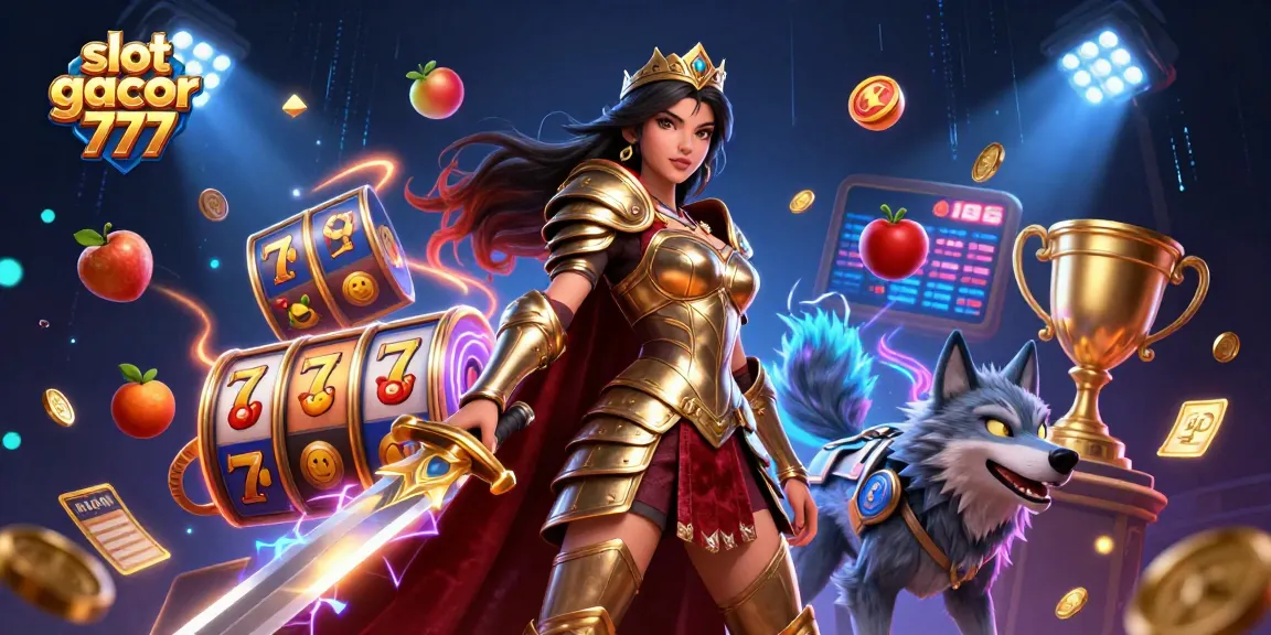 Engage with slot gacor 777 action featuring a warrior queen with her armored wolf and dynamic casino game elements.
