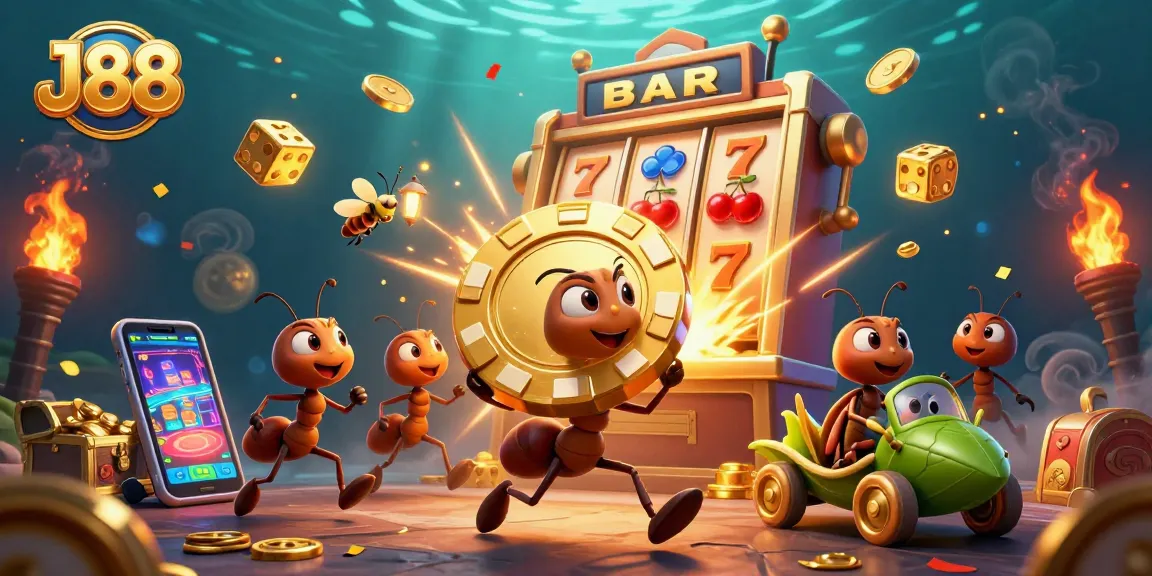 Experience the excitement of J88 as ants steal a giant poker chip in an immersive 3D casino illustration.