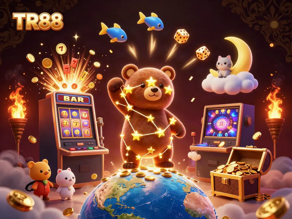 Experience the excitement of TR88 with a constellation bear, jackpot explosion, and dazzling casino elements.