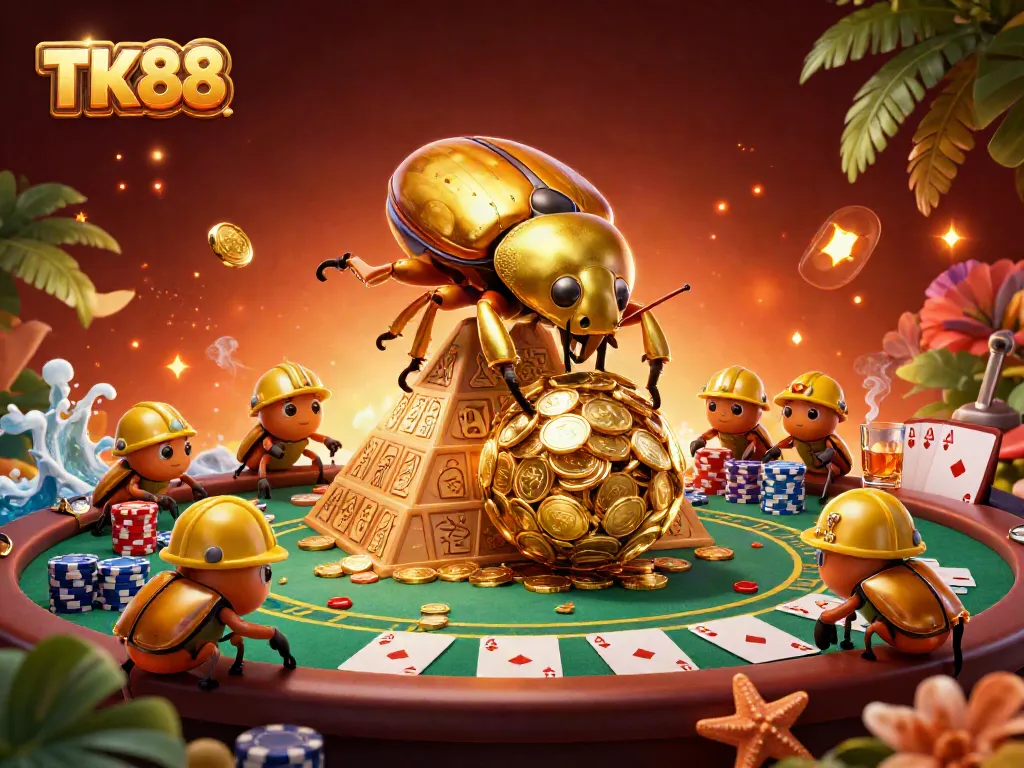 Engage in thrilling gameplay with TK88's vibrant casino scene featuring golden treasures and poker excitement.