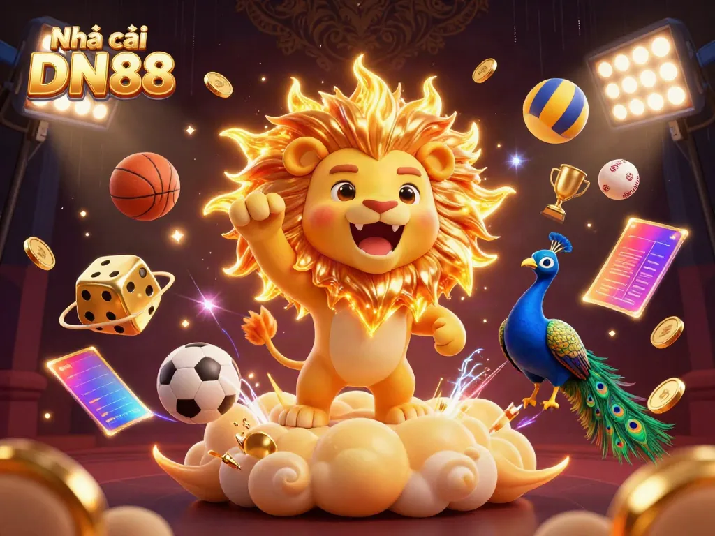 Engage with thrilling games at Nhà cái DN88 featuring a dynamic 3D casino scene filled with energy and excitement.