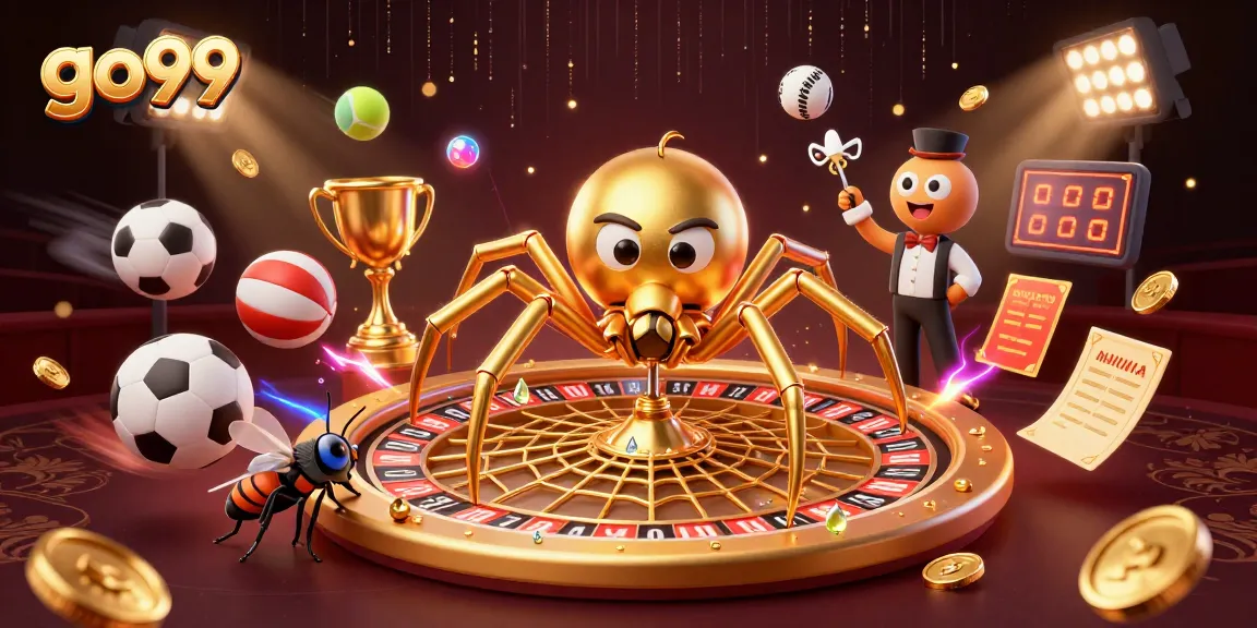 Catch thrilling action at go99 as the golden spider spins a roulette wheel in a vibrant casino scene.