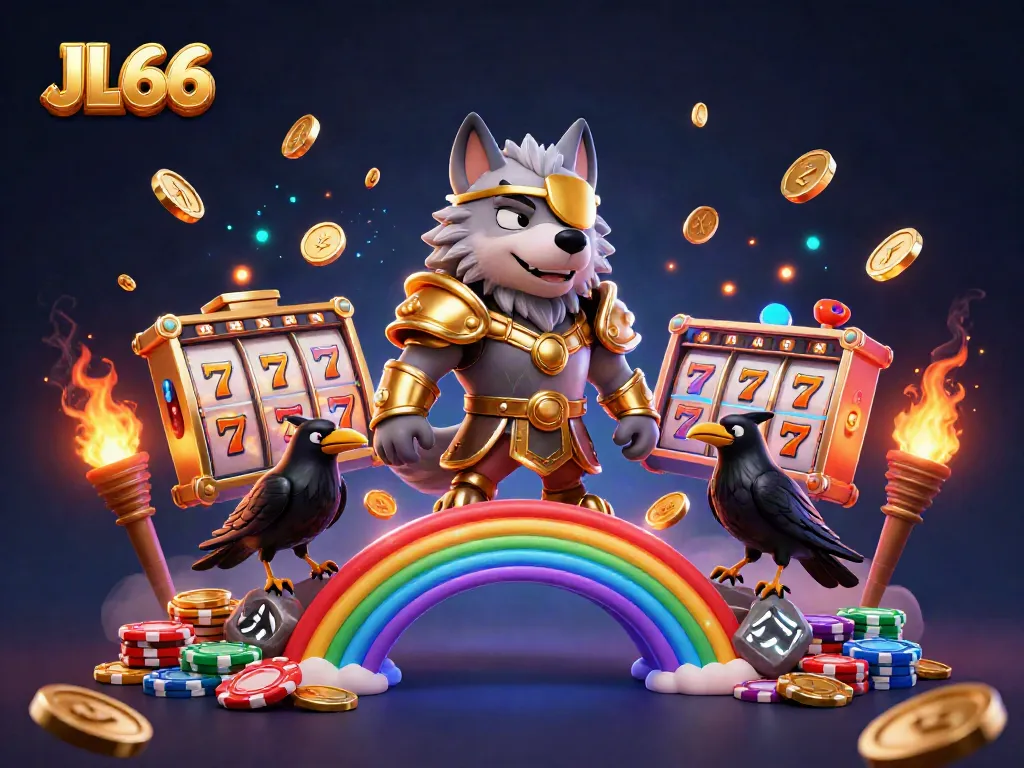 Experience JL66's vibrant casino action with Odin's wolf and raven companions amidst glowing slot reels.