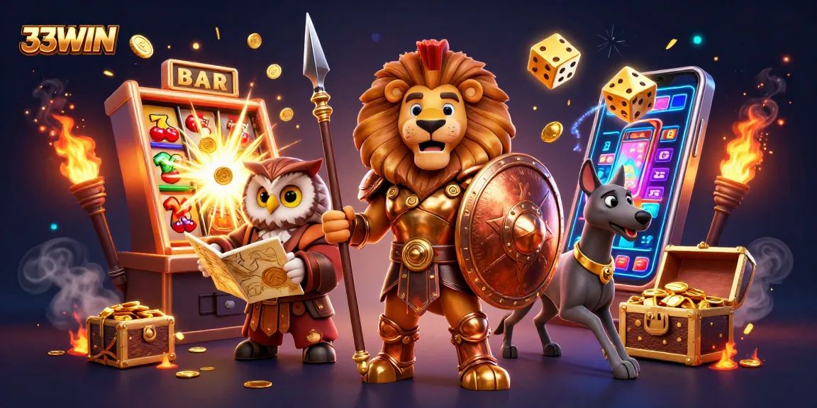 Engage with 33WIN's vibrant casino world featuring a Spartan lion, owl strategist, and greyhound amidst jackpot themes.