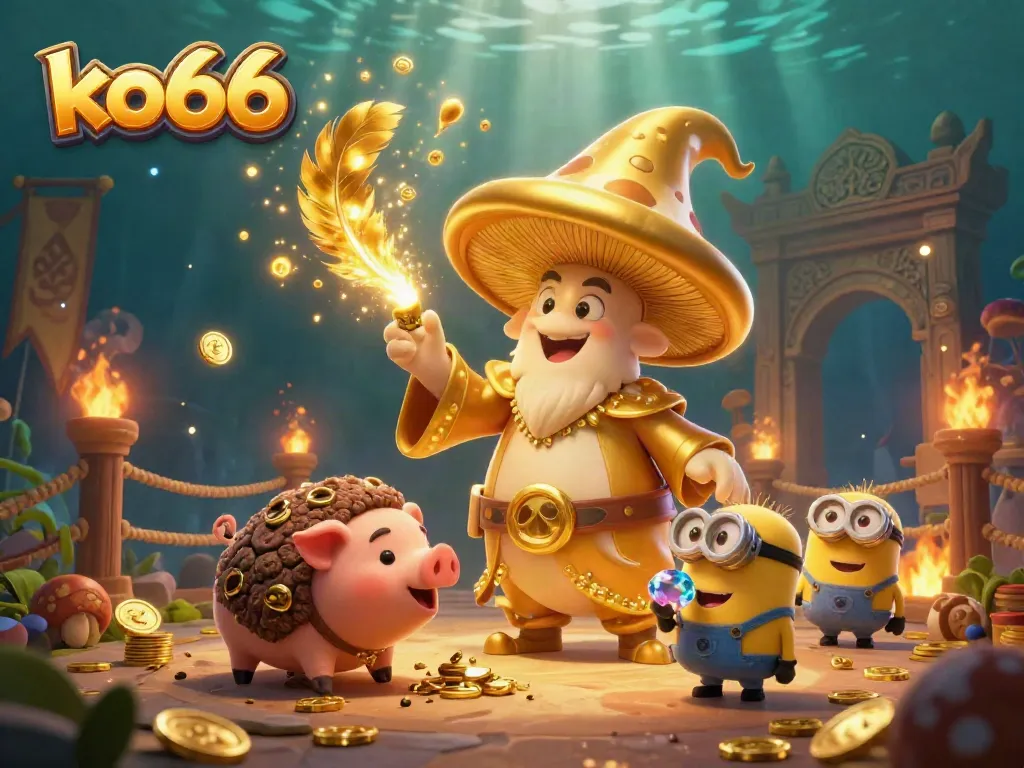 Engage with the vibrant world of ko66, featuring magical characters in an exhilarating casino scene with dazzling gold and dynamic elements.