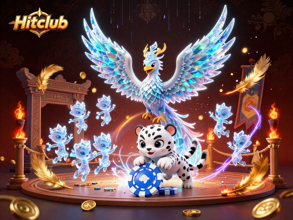 Engage with Hitclub's vibrant casino oasis featuring an ice phoenix and playful snow leopard.