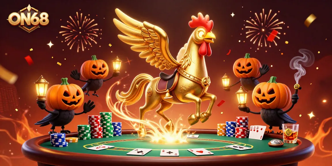 Engage with ON68 in a vibrant casino scene featuring a golden rooster and poker action.