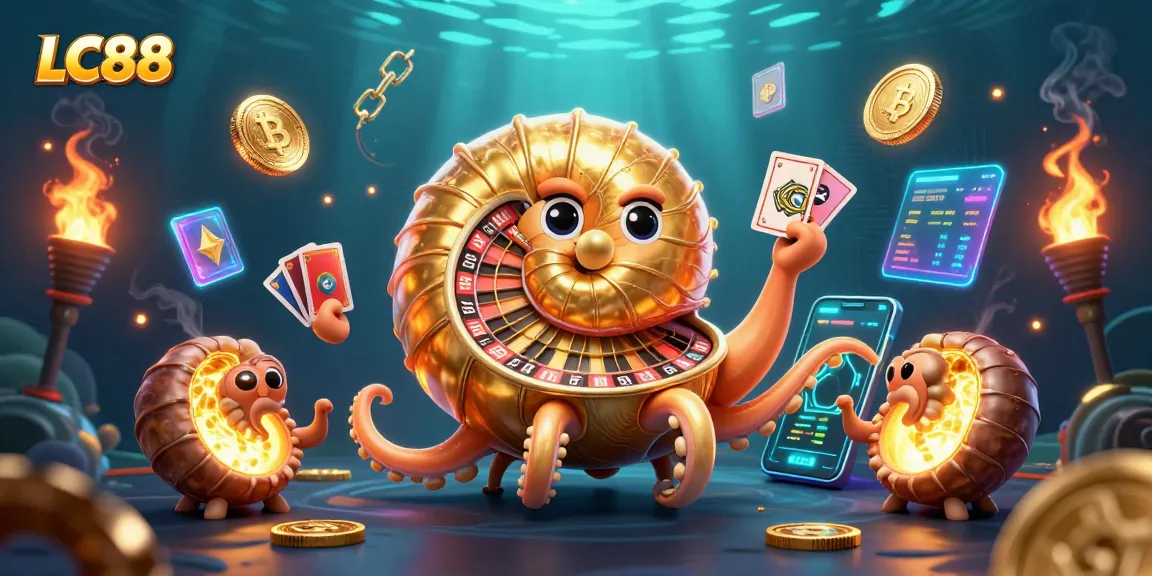 Engage in thrilling gameplay at LC88 with a giant nautilus wheel and glowing crypto elements.