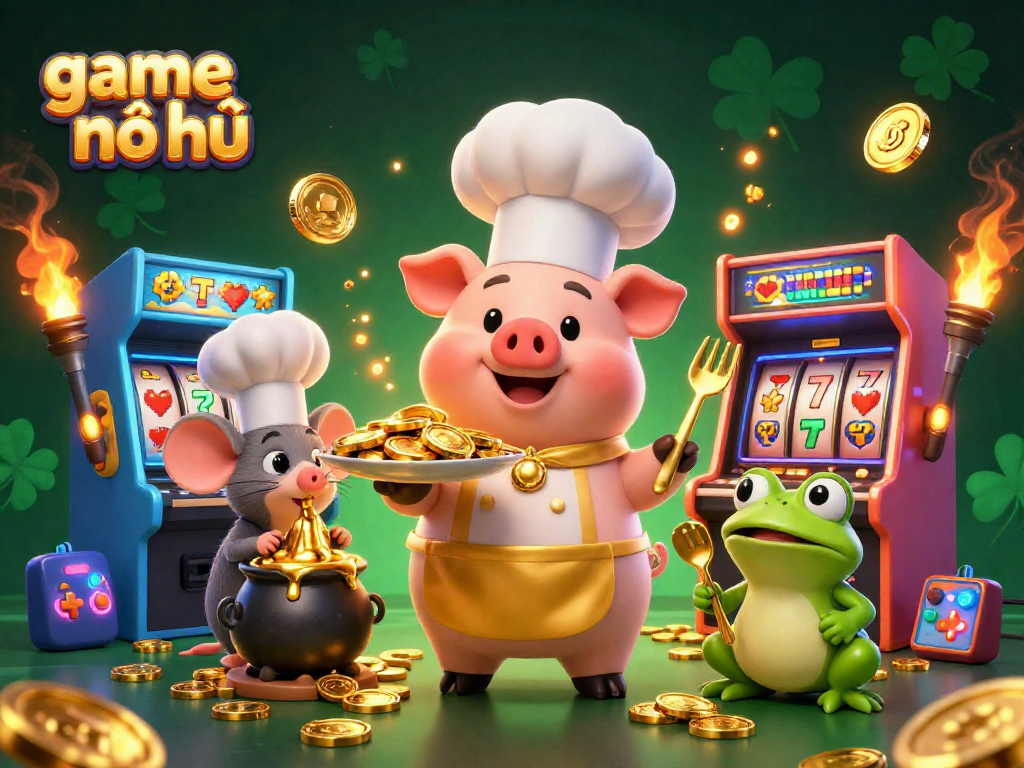 Spin the game nổ hũ with a chef pig, sous-chef mouse, and critic frog in an engaging casino scene.