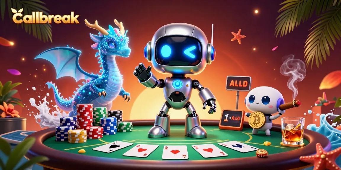 Experience callbreak strategy at a thrilling poker scene with vibrant characters and dynamic game elements.