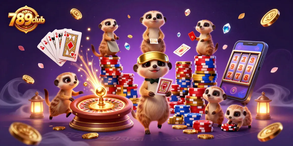 Join the fun at 789club with lively meerkats running a vibrant casino, featuring colorful poker chips and golden rewards.