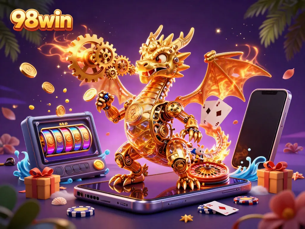 Engage with thrilling games at 98win as a golden dragon breathes cogs amidst vibrant casino elements.