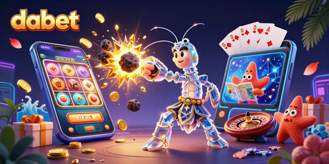 Dabet showcases a vibrant 3D casino scene with a galactic samurai shrimp amidst exploding gems and slot games.