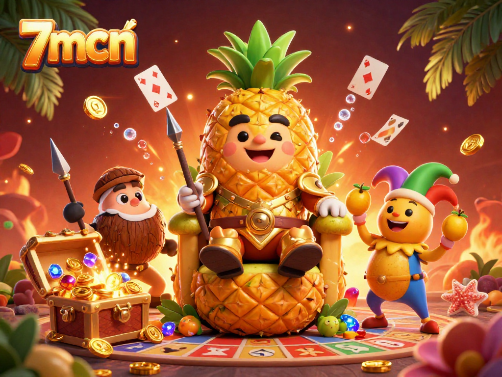 Engage in thrilling Keno gaming with 7mcn as a golden pineapple king presides over a festive casino scene.