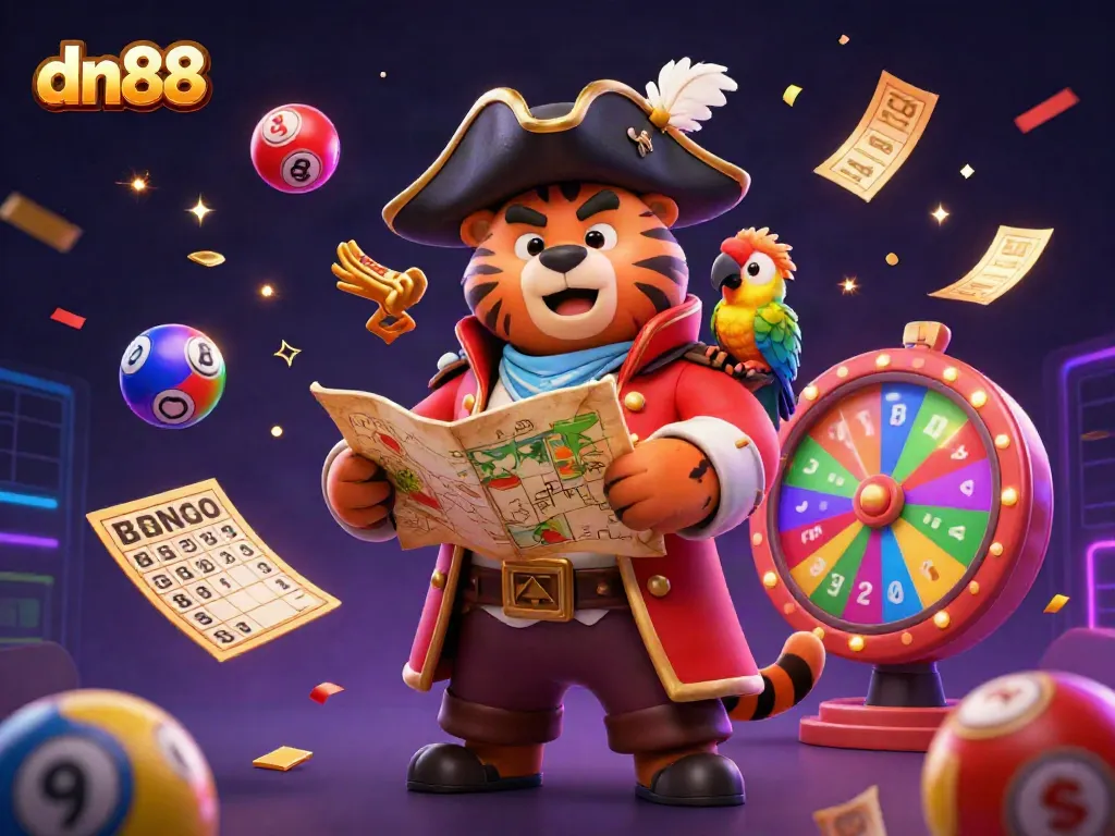 Experience the excitement of dn88 with a vibrant 3D illustration showcasing a pirate bear and gambling elements.