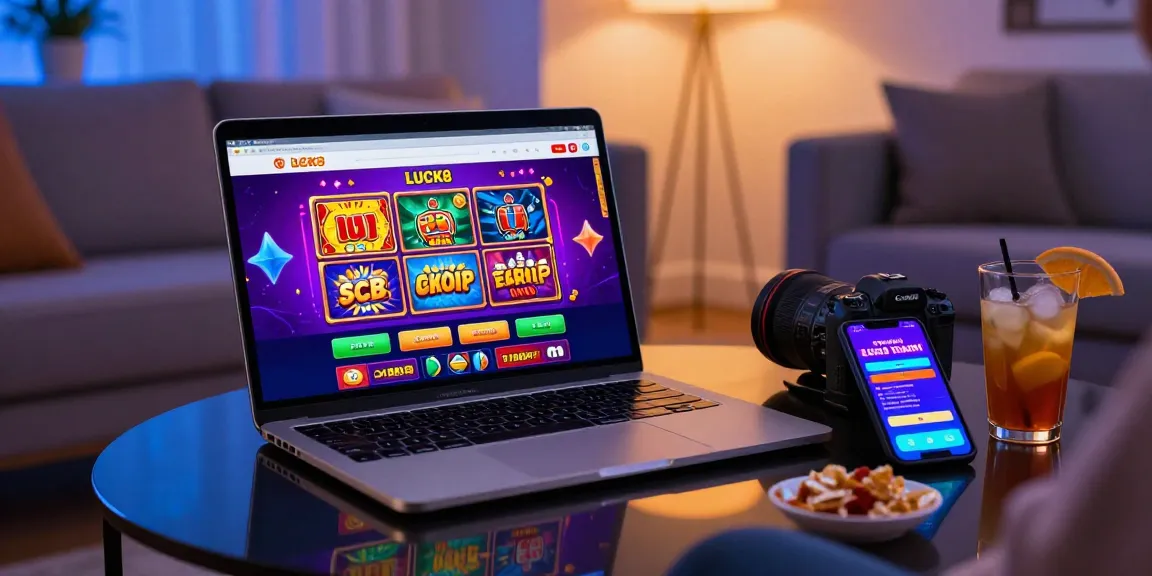 Dynamic LUCK8 online casino scene with user engaging on laptop and colorful gaming graphics.