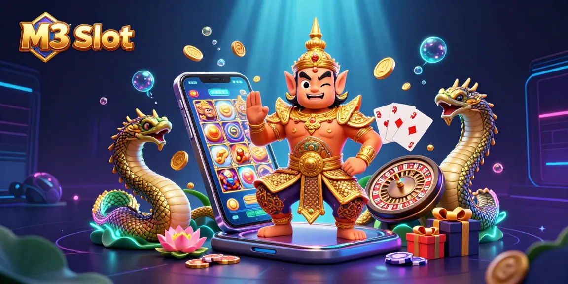 M3 Slot showcases vibrant slot game action with golden coins and 3D characters for an exciting casino experience.