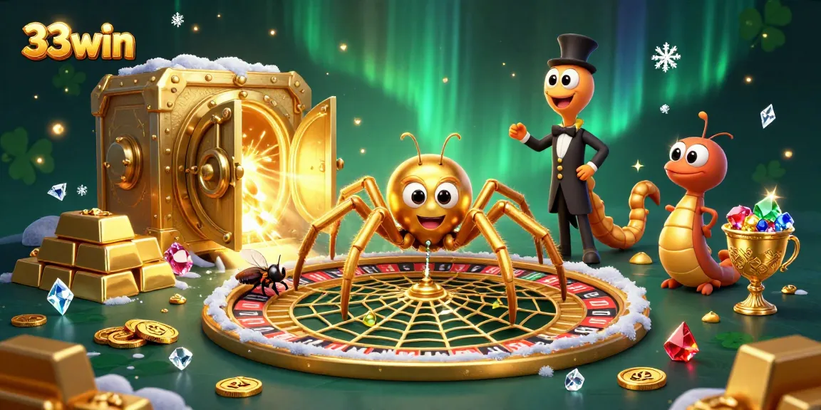 33win spins to victory with a golden roulette web and rich casino treasures.