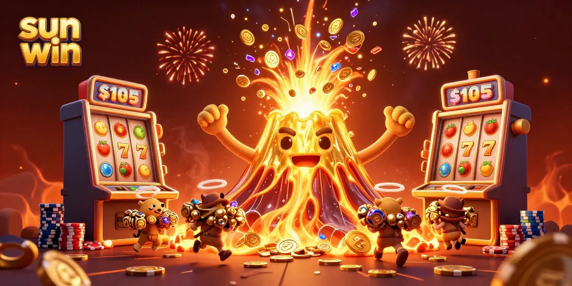 Experience sun win excitement with a golden volcano pouring treasures amid vibrant slot machines and lively characters.