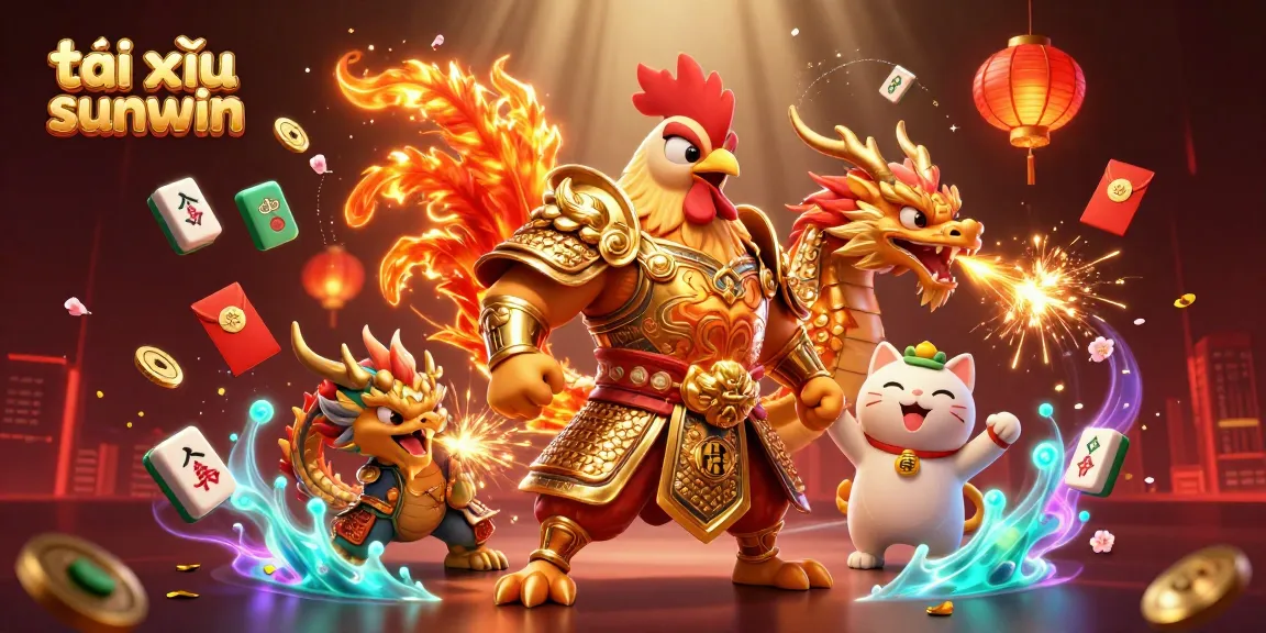 Play tài xỉu sunwin with excitement as cartoon warriors celebrate amidst vibrant casino elements.