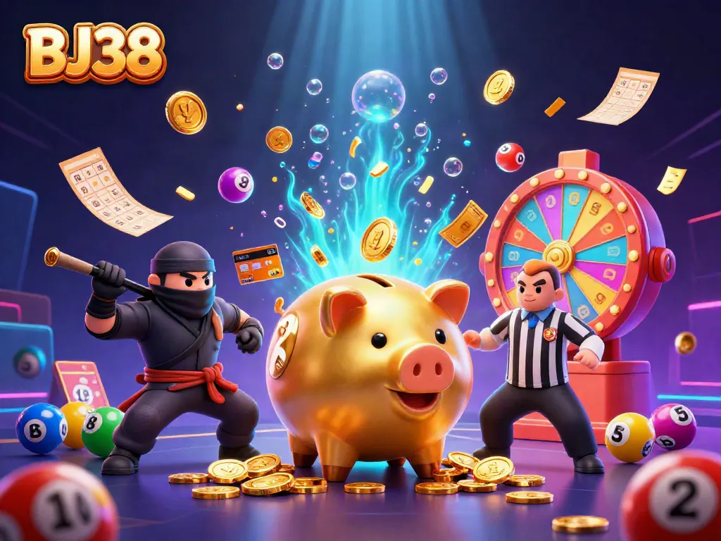 BJ38 casino action scene with a golden piggy bank sumo wrestler and dynamic lottery elements.