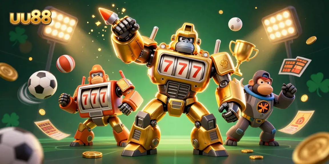 Join the excitement at uu88 with an electrifying 3D scene featuring a golden gorilla mech and dynamic sports elements.