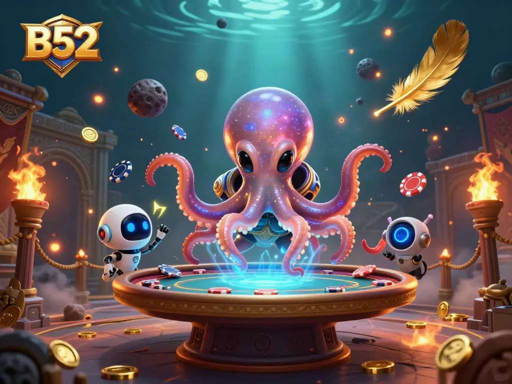 Experience the thrill of B52 gaming with an octopus dealer in a vibrant casino scene.
