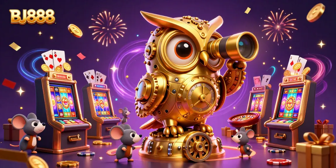Experience excitement at BJ888 with a golden owl monitoring the casino, amidst vibrant slot games and celebratory elements.