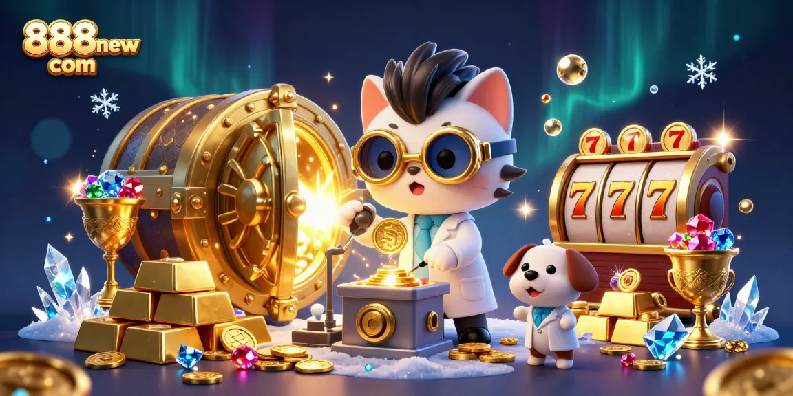 Celebrate wins at 888new com with a vibrant casino scene filled with gold coins, slot reels, and treasures!