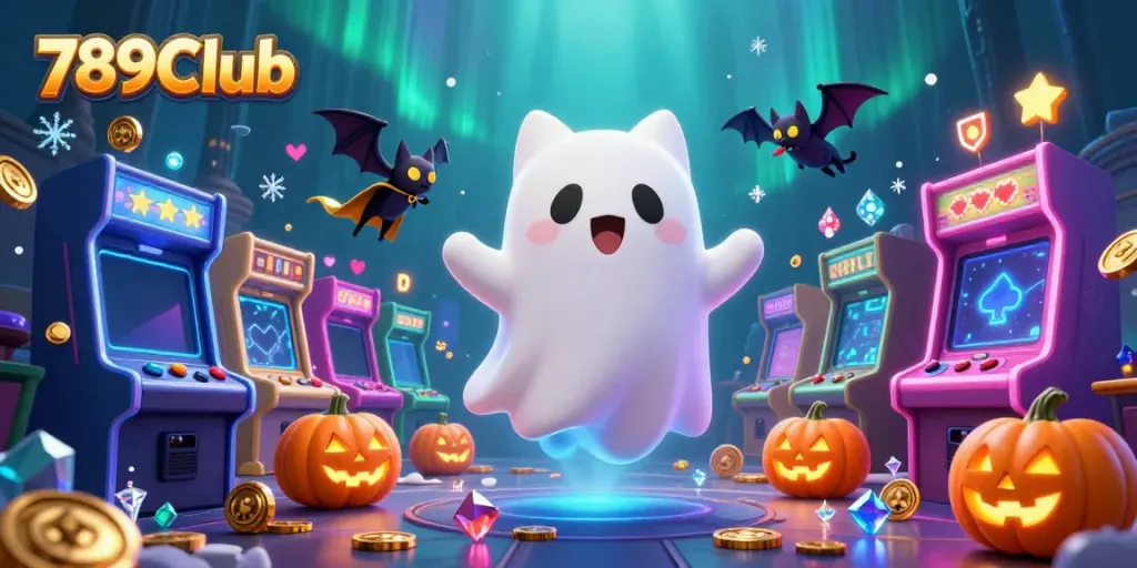 Experience the thrilling world of 789Club with a ghost cat and vampire bat in a haunted casino!