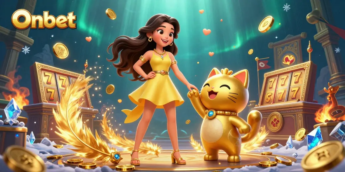 Engage with Onbet's vibrant online casino experience featuring a joyful Asian woman and a lucky golden cat.