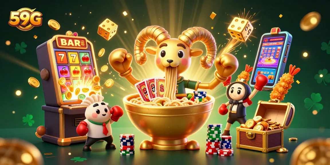 Engage with 59G thrilling online games featuring a giant ramen bowl and vibrant casino elements.