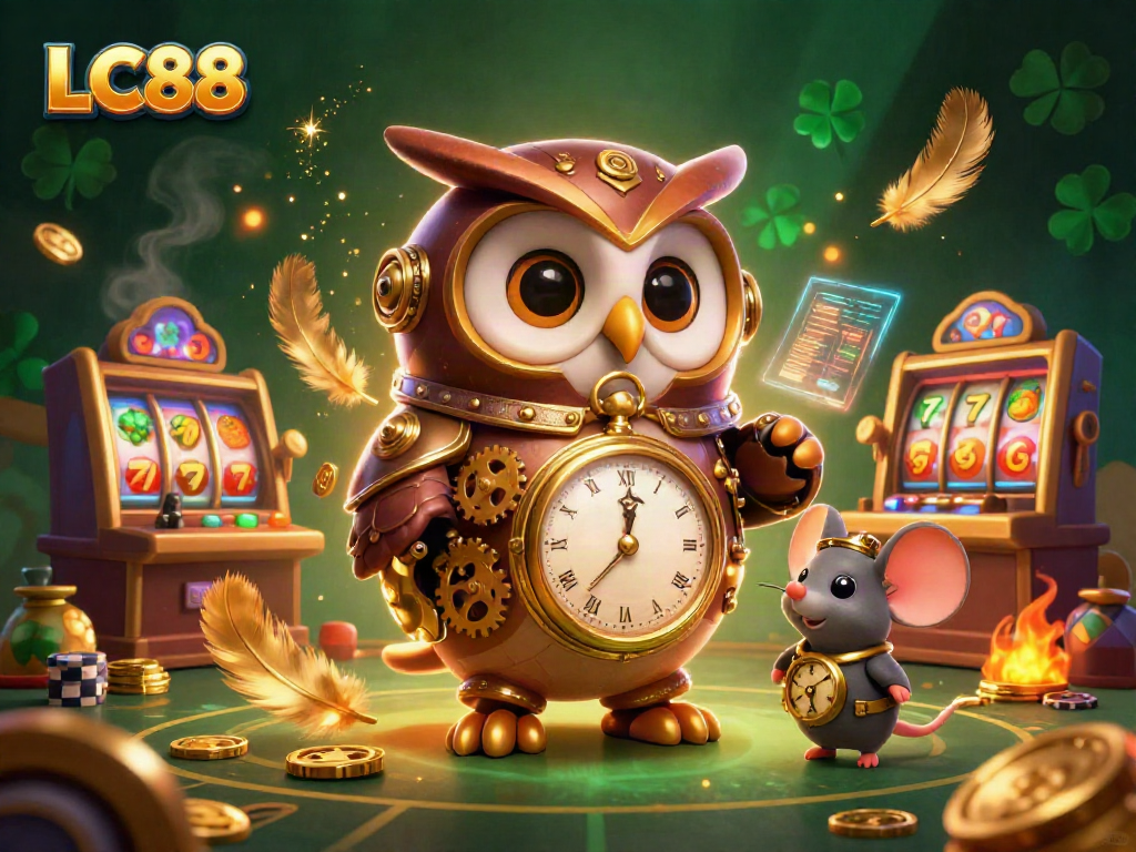 Play at LC88 with fun 3D cartoon characters in a vibrant casino scene full of slot machines.
