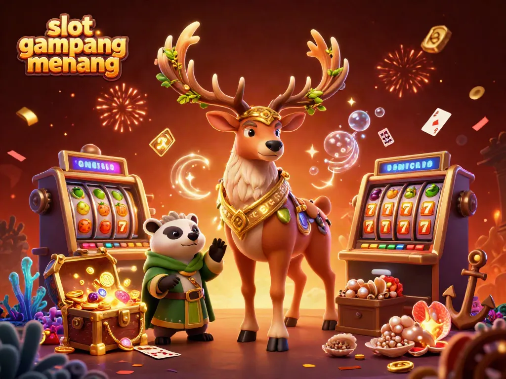 Engage with slot gampang menang opportunities in this vibrant 3D casino illustration featuring a Celtic druid stag and treasure elements.