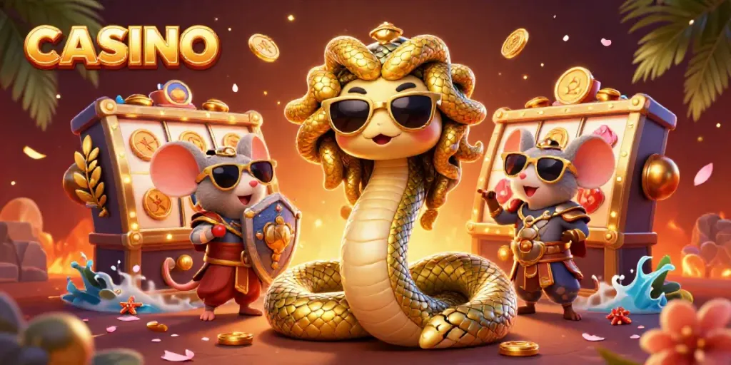Engage in exciting casino gameplay with Medusa and friends in this vibrant illustration.