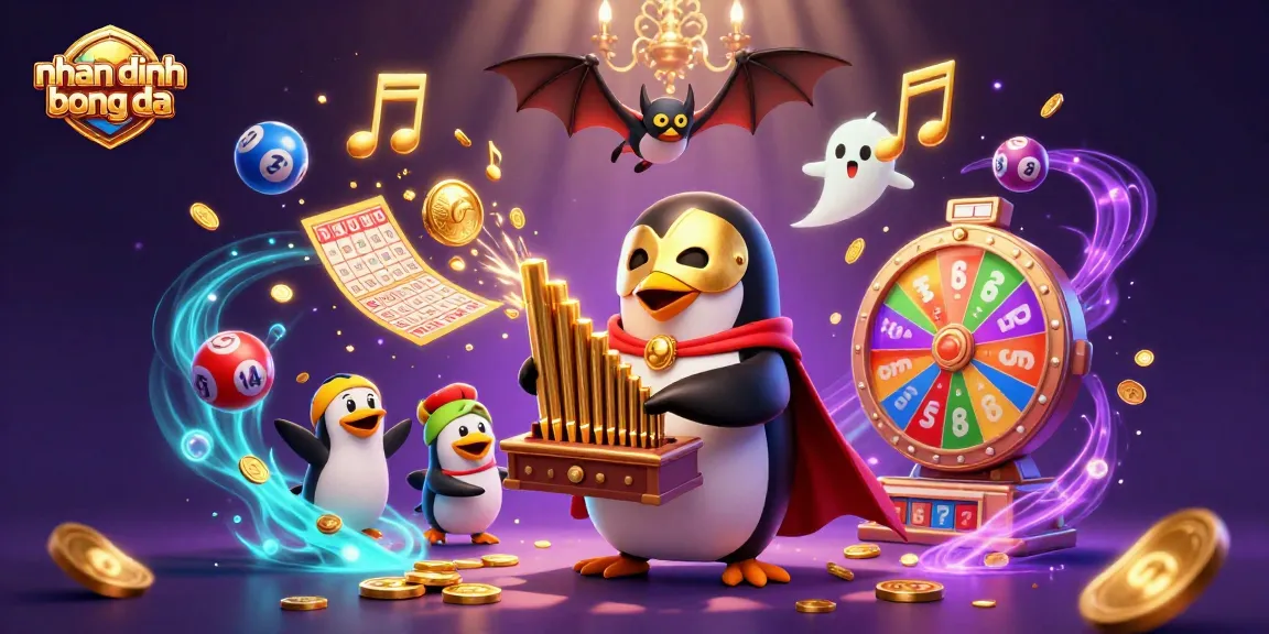 nhan dinh bong da illustrates a 3D penguin playing golden coins from a pipe organ surrounded by dynamic lottery elements.