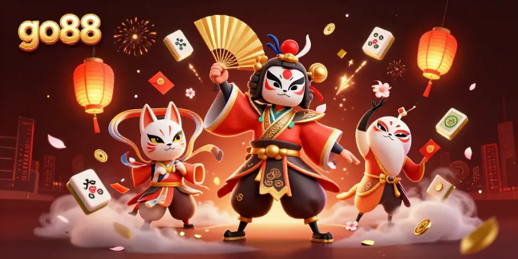 Engage with go88's vibrant atmosphere through a dazzling online gaming scene filled with ornate characters and casino elements.