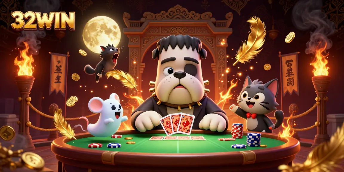 32WIN invites players to win big while enjoying a thrilling game night with costumed characters and vibrant casino elements.