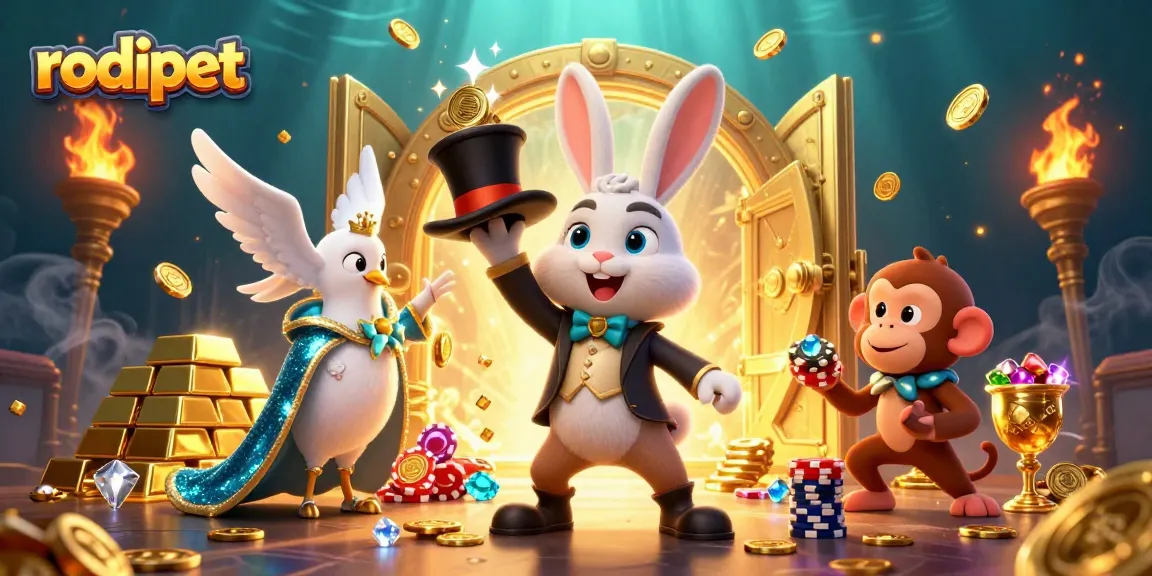 Experience magical gameplay at rodipet with a vibrant scene of a magician rabbit, dove, and monkey amid sparkling treasures.