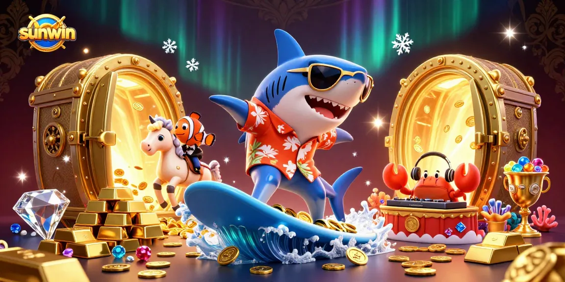 Win big with sunwin in a vibrant 3D casino scene featuring a playful shark and treasure.