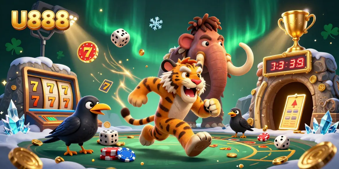U888 promotes thrilling gameplay with a colorful illustration of a prehistoric casino brimming with excitement.