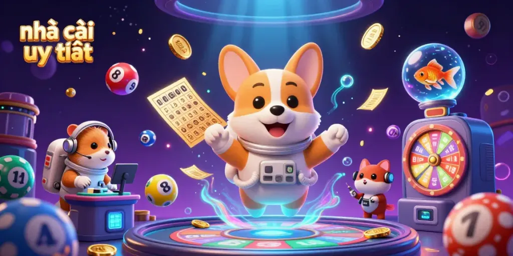 Immerse in the vibrant world of nhà cái uy tín with a dynamic space casino scene featuring floating characters and casino elements.