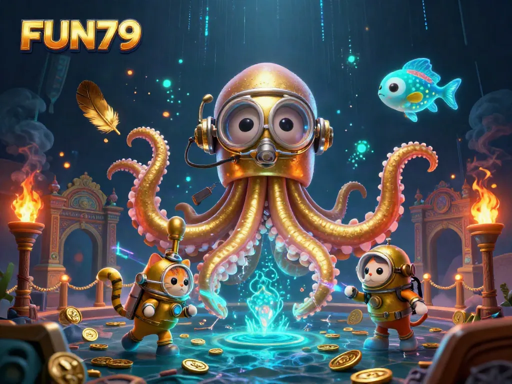 Immerse in FUN79's dynamic gaming scene with a kraken, diving cat, and ocean treasures.